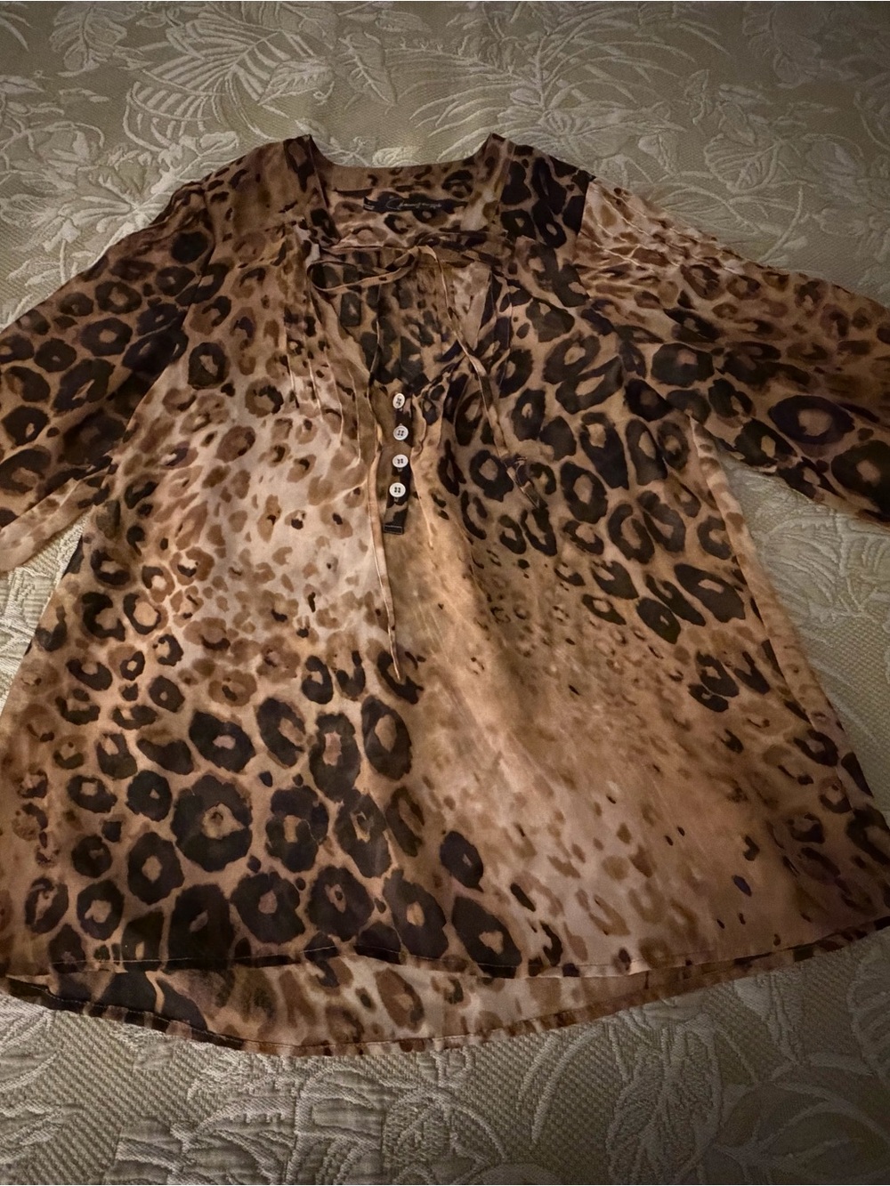 Harrison J Kincaid Leopard-Print Tie-Neck Tunic in Brown and Black